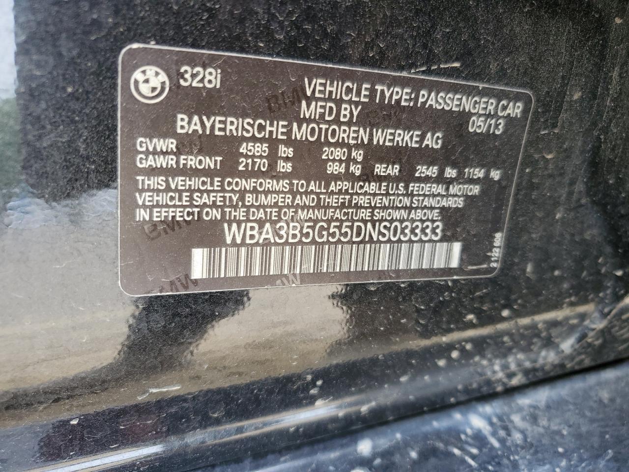2013 BMW 328 Xi Sulev VIN: WBA3B5G55DNS03333 Lot: 56984735