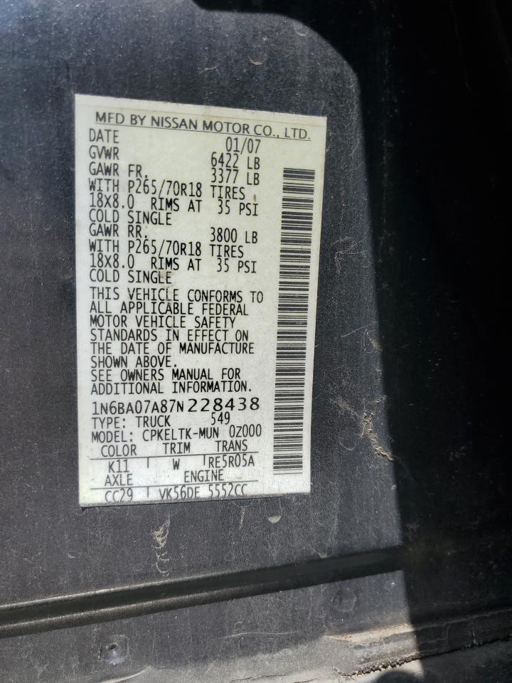 2007 Nissan Titan Xe VIN: 1N6BA07A87N228438 Lot: 56643795