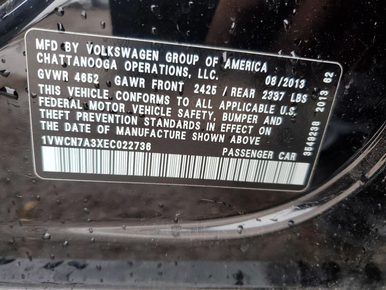 2014 Volkswagen Passat Sel VIN: 1VWCN7A3XEC022736 Lot: 57578525