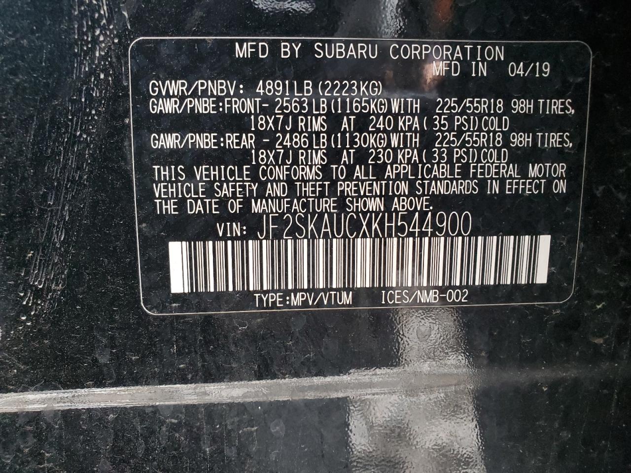 2019 Subaru Forester Limited VIN: JF2SKAUCXKH544900 Lot: 56382505