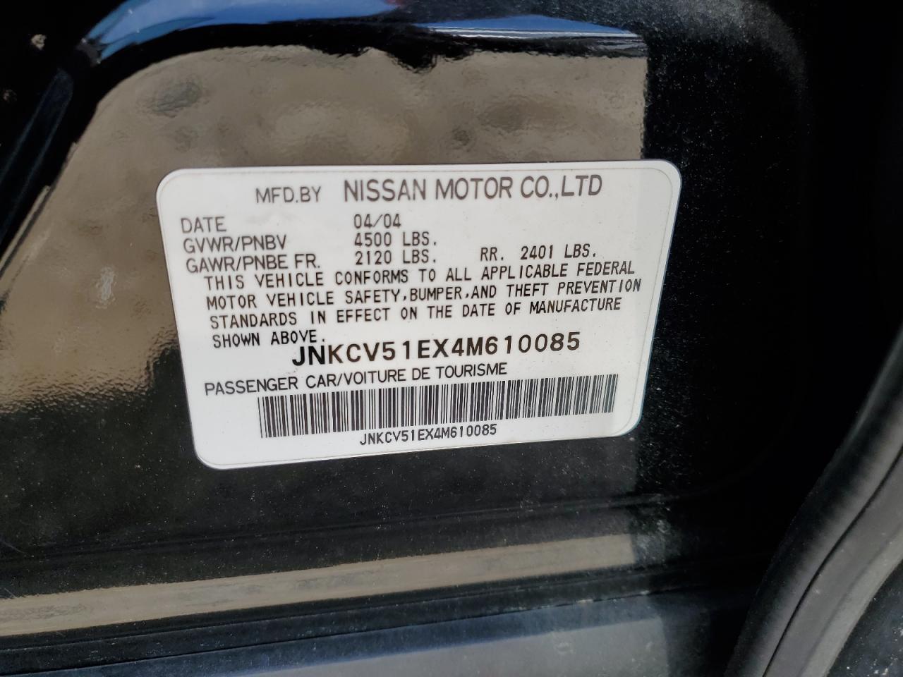 2004 Infiniti G35 VIN: JNKCV51EX4M610085 Lot: 57135255