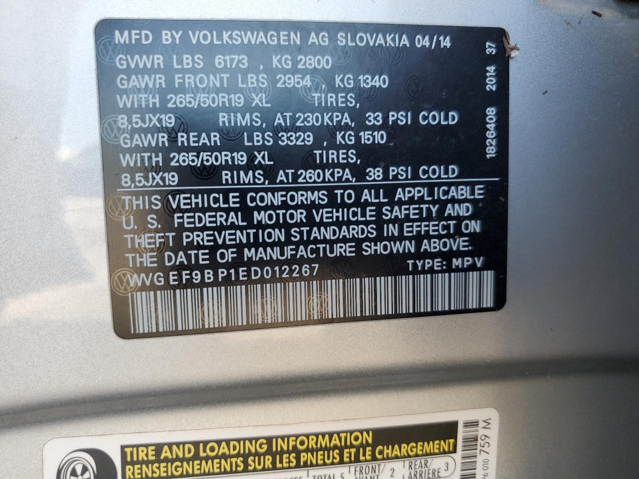 2014 Volkswagen Touareg V6 VIN: WVGEF9BP1ED012267 Lot: 58924055