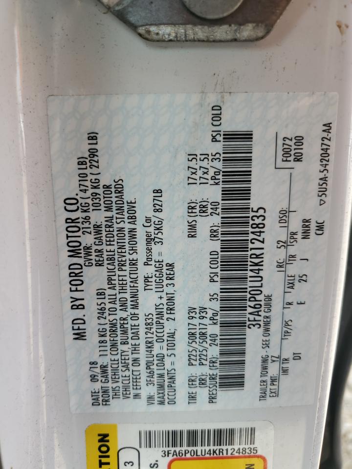 2019 Ford Fusion Se VIN: 3FA6P0LU4KR124835 Lot: 54042895