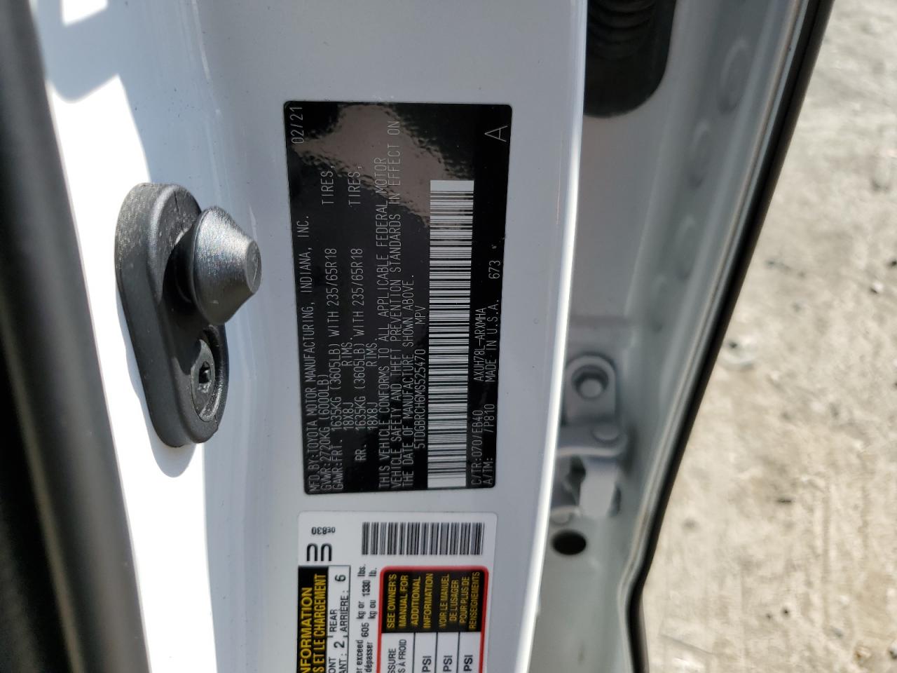 2021 Toyota Highlander Hybrid Xle VIN: 5TDGBRCH6MS525470 Lot: 56164855