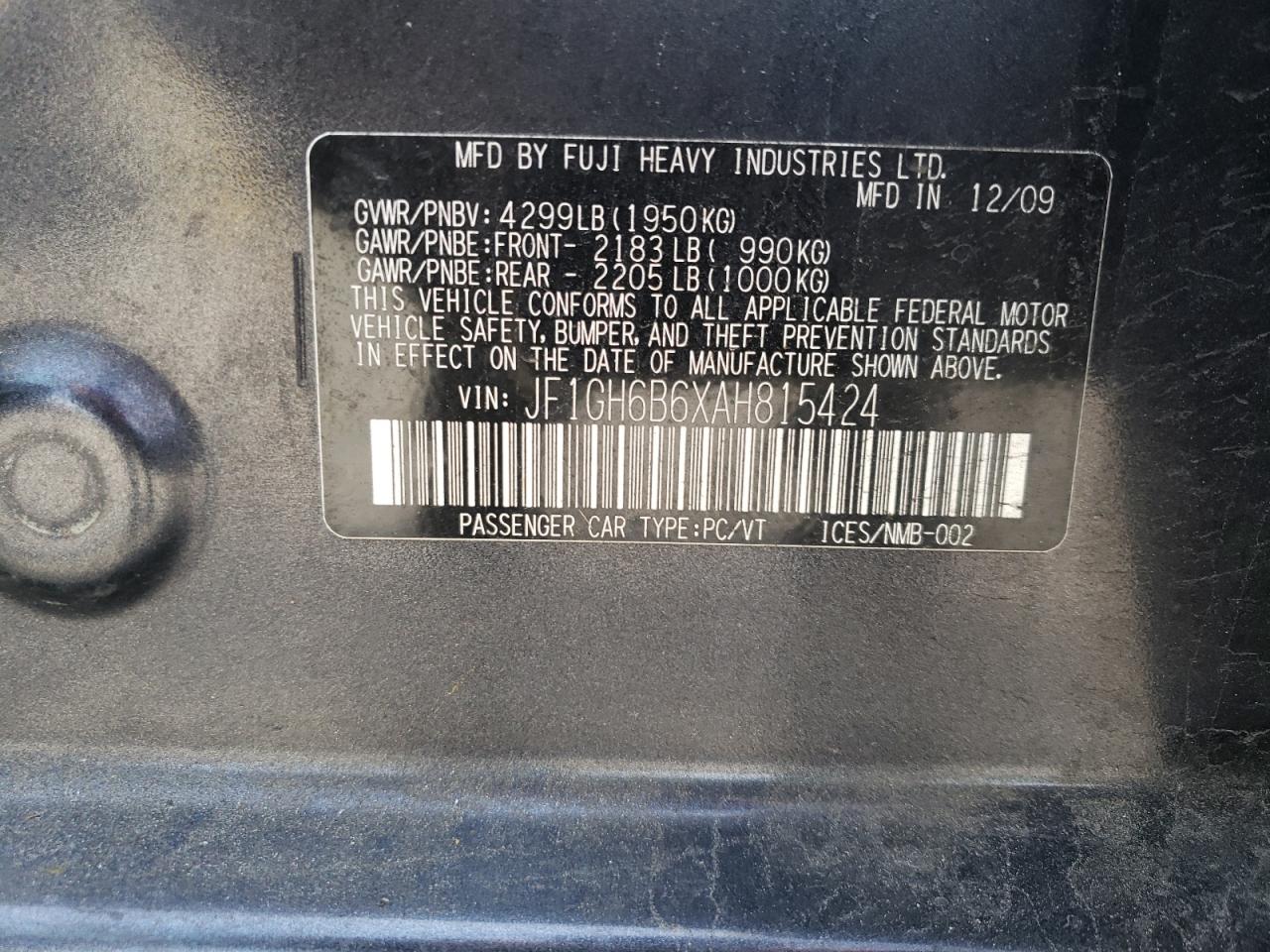 2010 Subaru Impreza 2.5I Premium VIN: JF1GH6B6XAH815424 Lot: 57207385