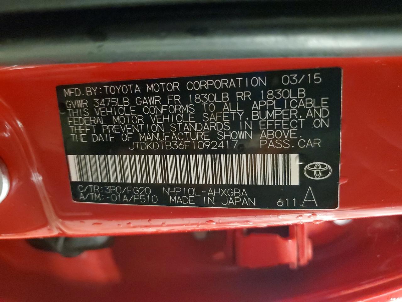2015 Toyota Prius C VIN: JTDKDTB36F1092417 Lot: 57220315