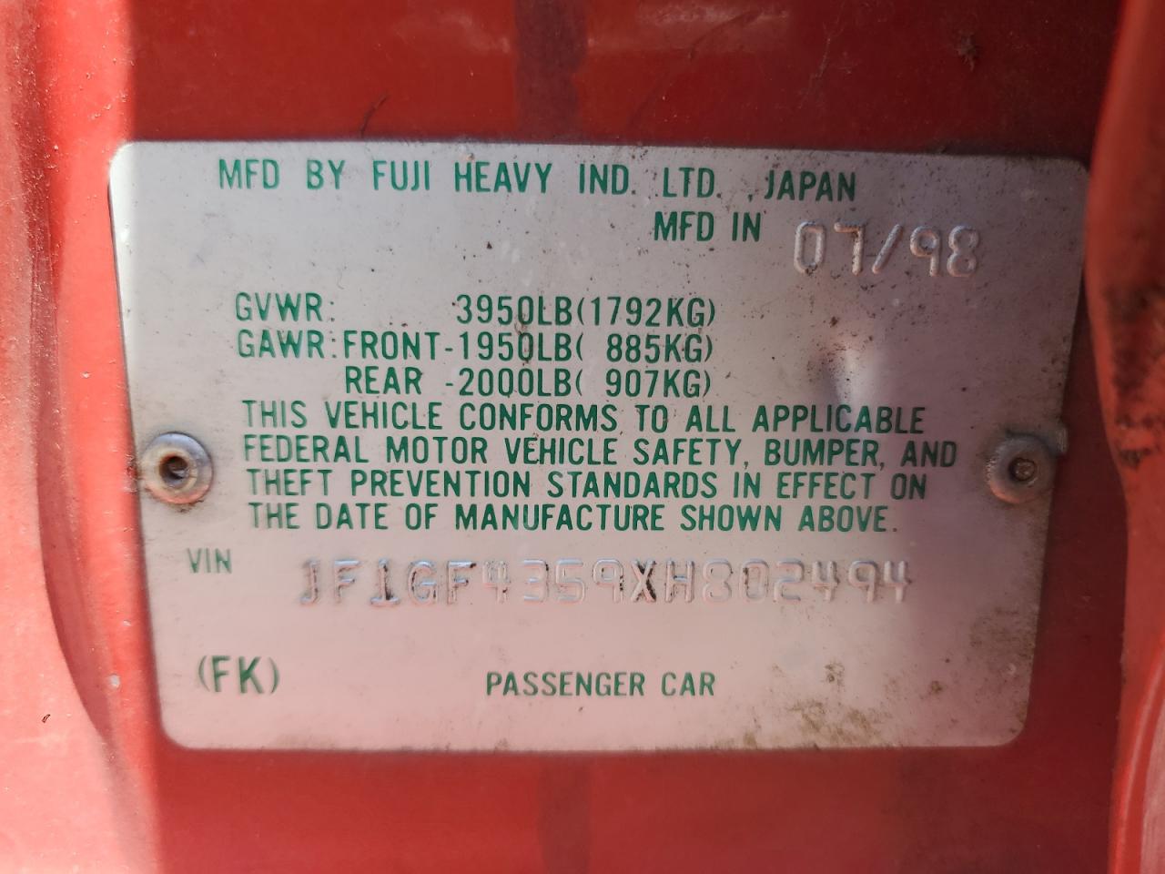 1999 Subaru Impreza L VIN: JF1GF4359XH802494 Lot: 58808585