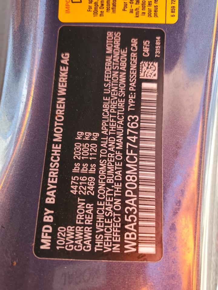 2021 BMW 430I VIN: WBA53AP08MCF74763 Lot: 56522935