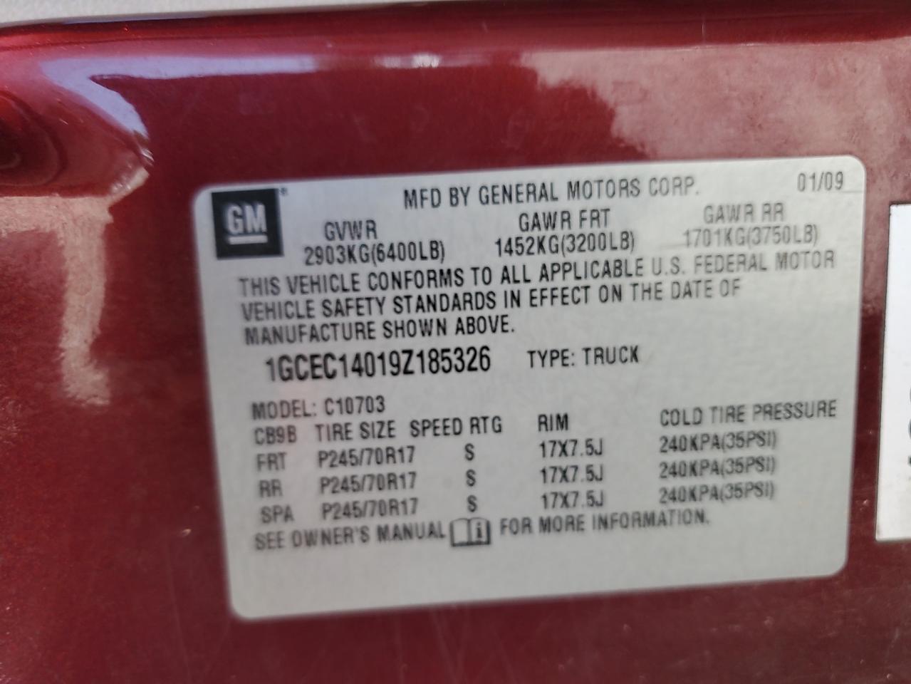 2009 Chevrolet Silverado C1500 VIN: 1GCEC14019Z185326 Lot: 57432255