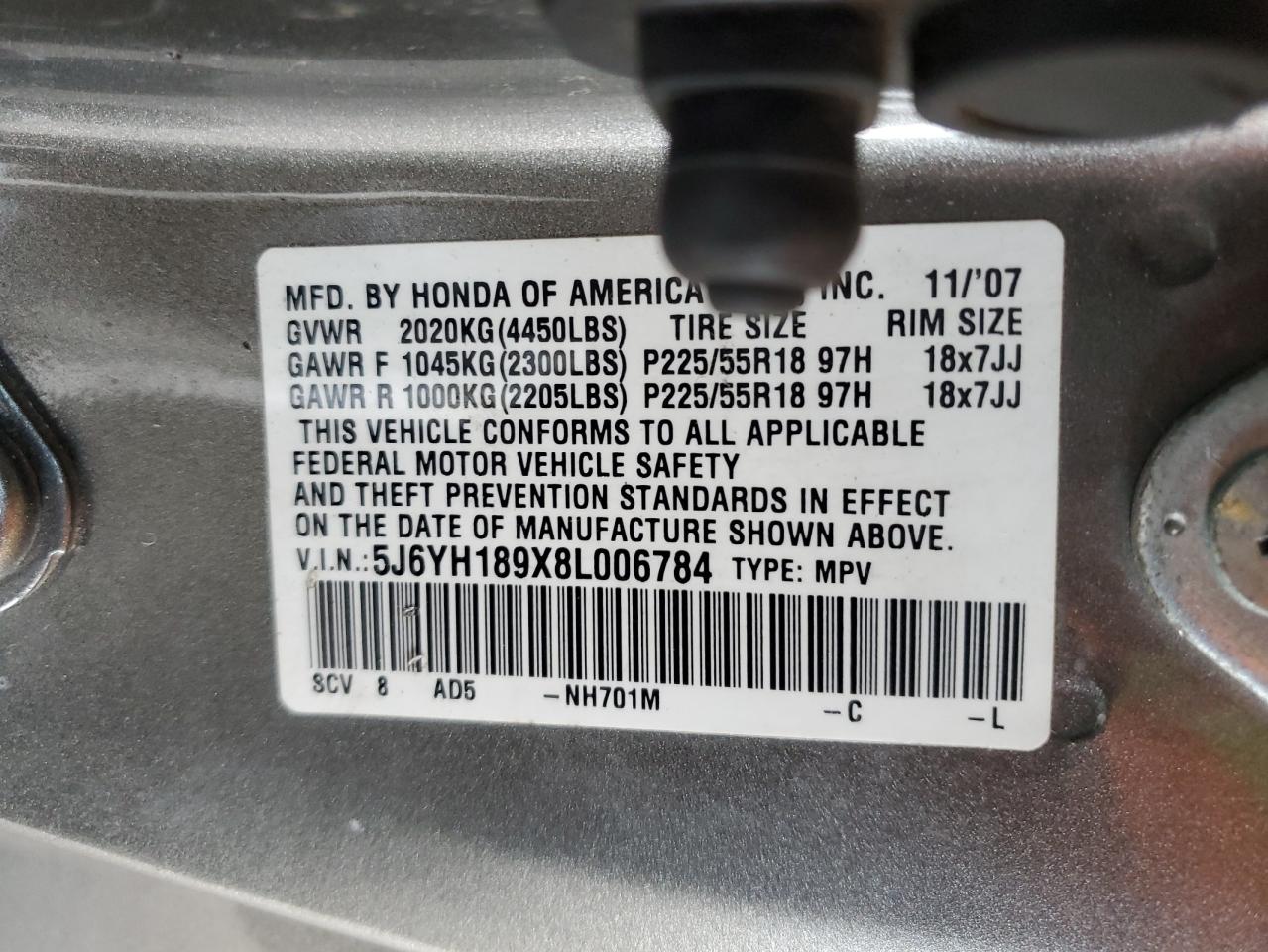 2008 Honda Element Sc VIN: 5J6YH189X8L006784 Lot: 57028885