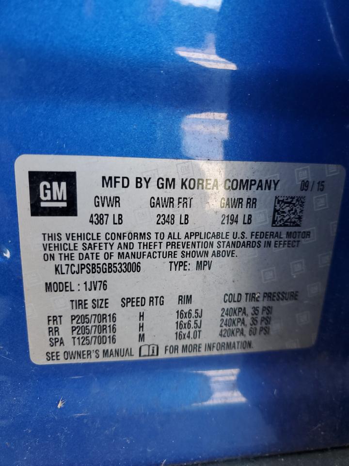 2016 Chevrolet Trax 1Lt VIN: KL7CJPSB5GB533006 Lot: 56173485