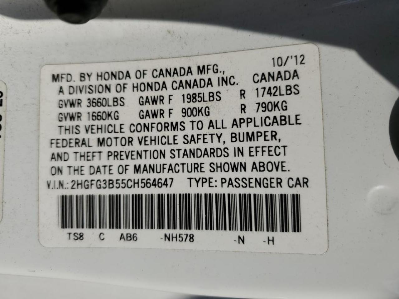 2012 Honda Civic Lx VIN: 2HGFG3B55CH564647 Lot: 56294265