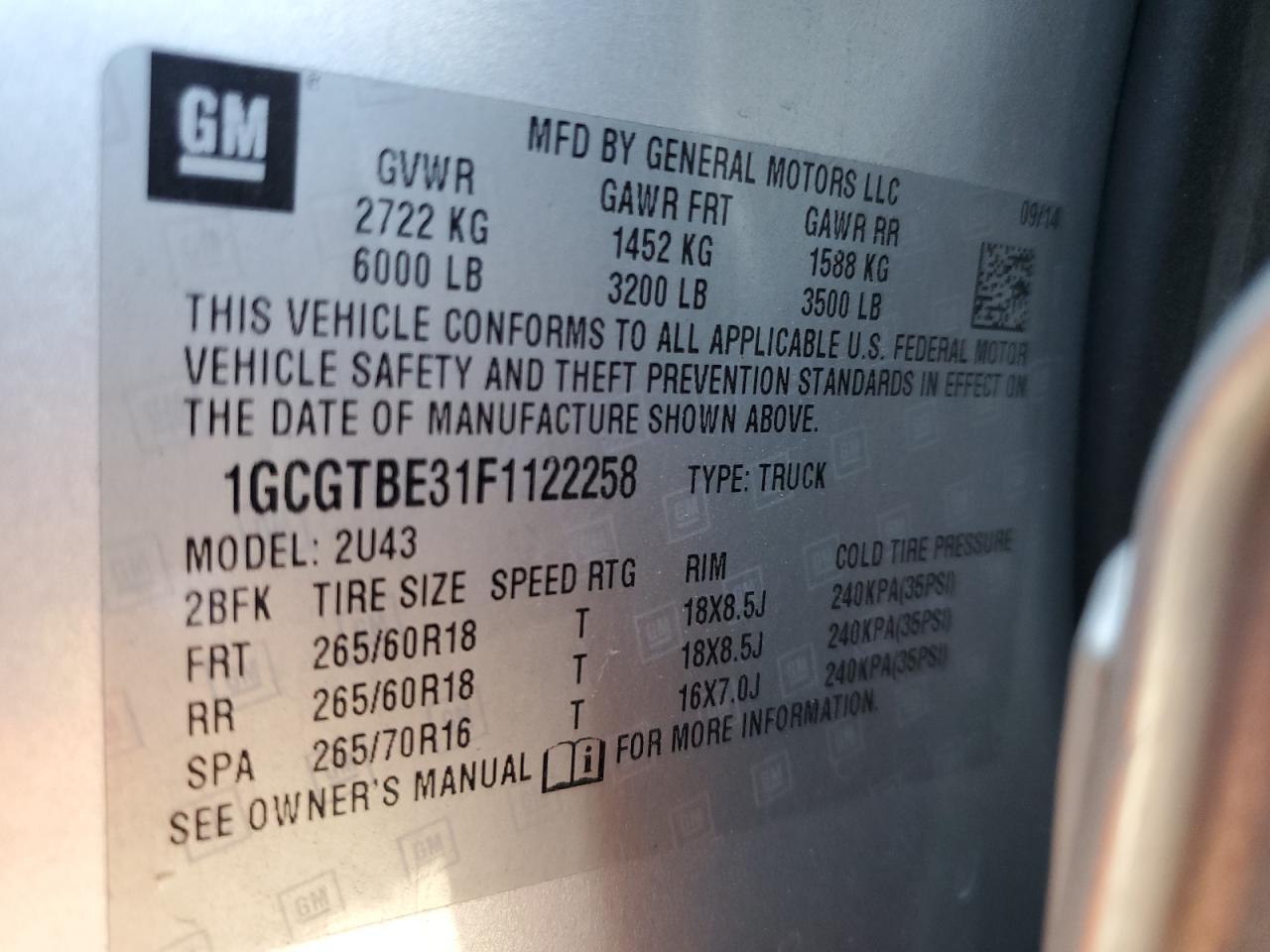 2015 Chevrolet Colorado Lt VIN: 1GCGTBE31F1122258 Lot: 57082815