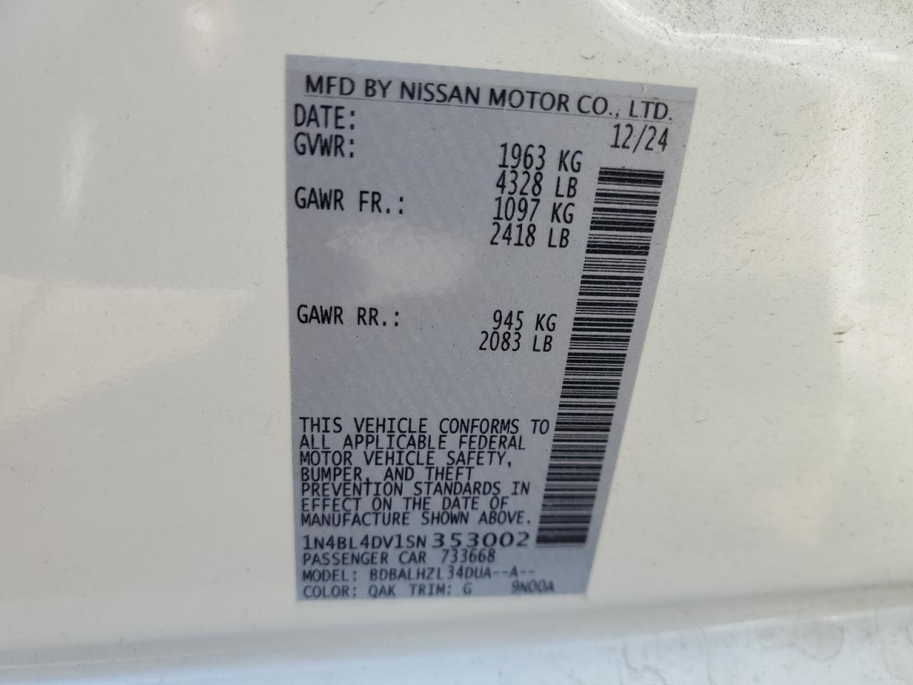 2025 Nissan Altima Sv VIN: 1N4BL4DV1SN353002 Lot: 56362295