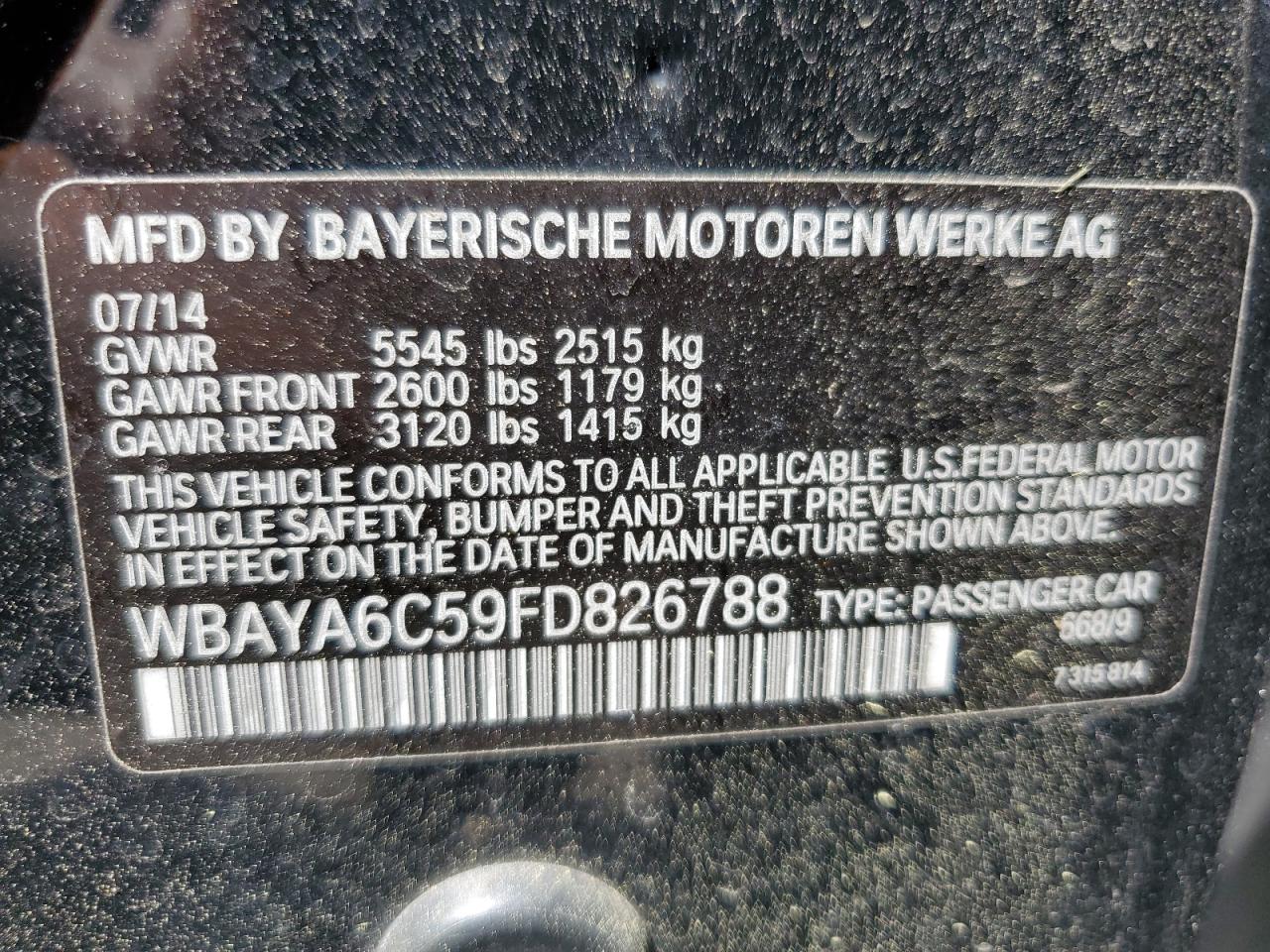 2015 BMW 740 I VIN: WBAYA6C59FD826788 Lot: 55747215