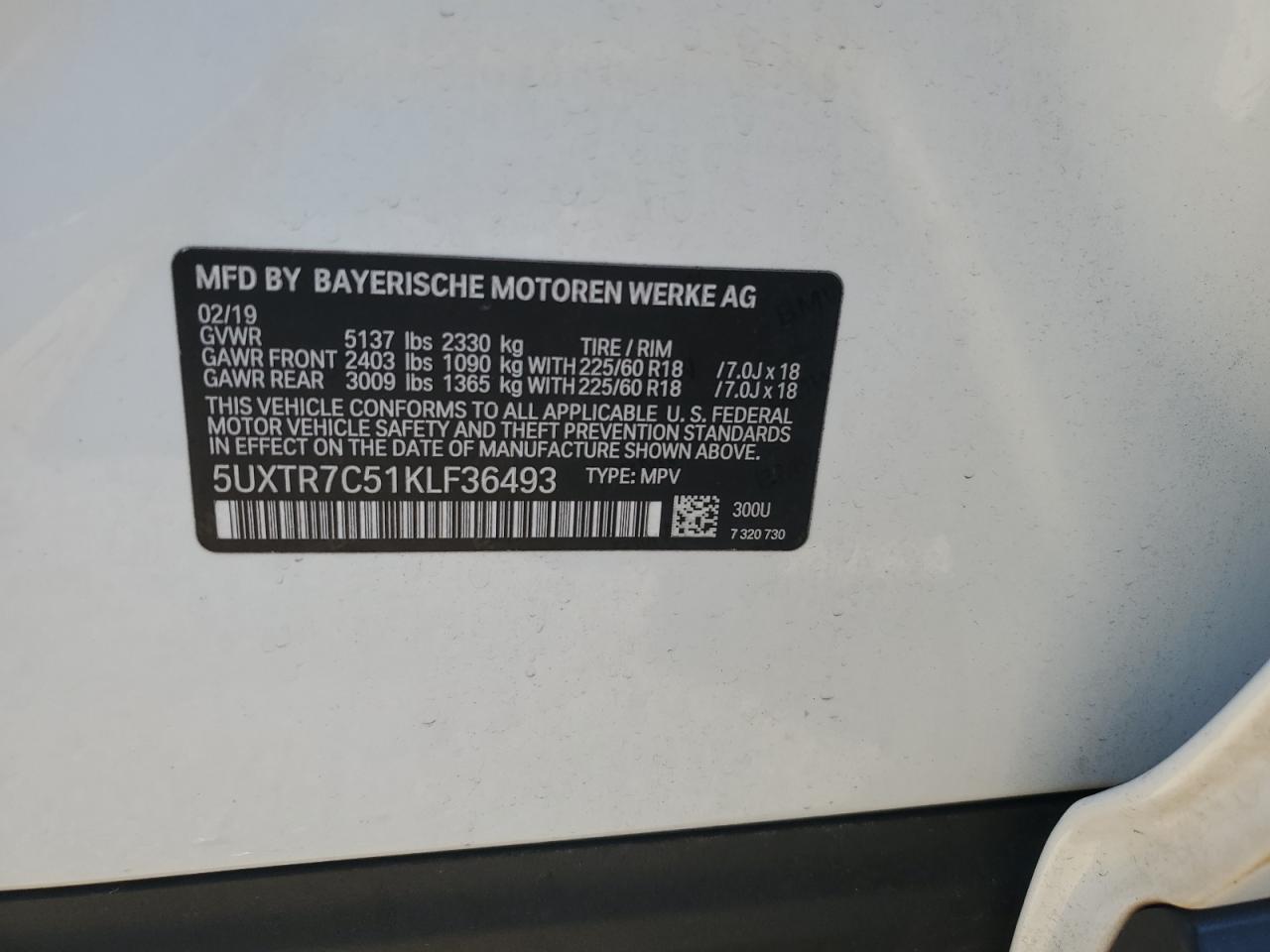 2019 BMW X3 Sdrive30I VIN: 5UXTR7C51KLF36493 Lot: 57277335