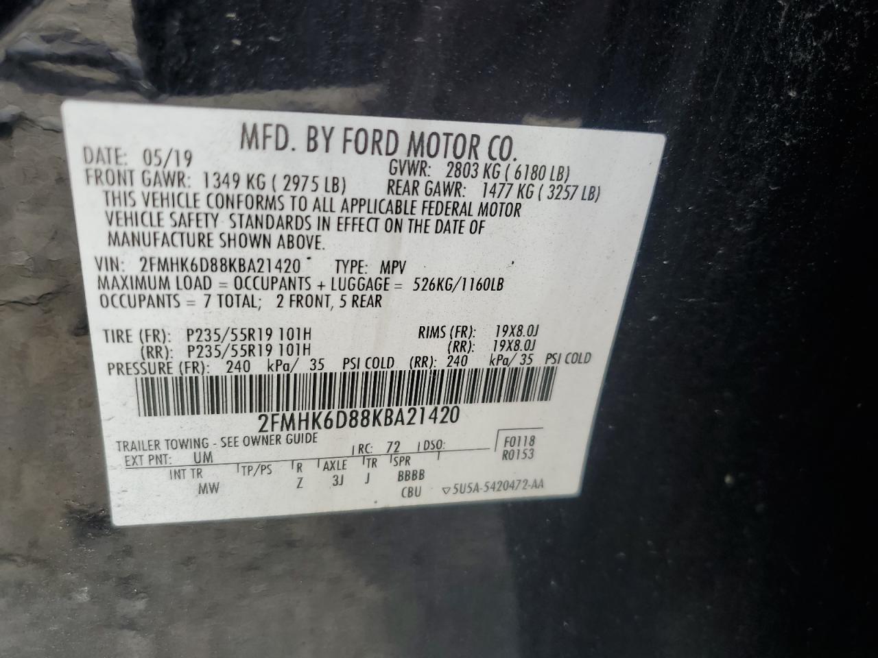 2019 Ford Flex Limited VIN: 2FMHK6D88KBA21420 Lot: 56183305
