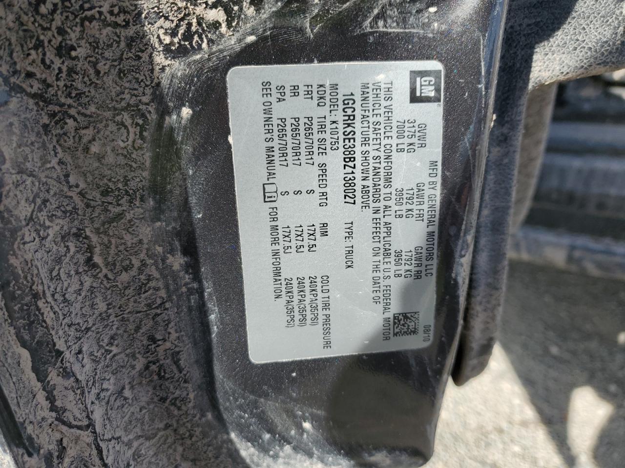 2011 Chevrolet Silverado K1500 Lt VIN: 1GCRKSE38BZ138027 Lot: 56389925