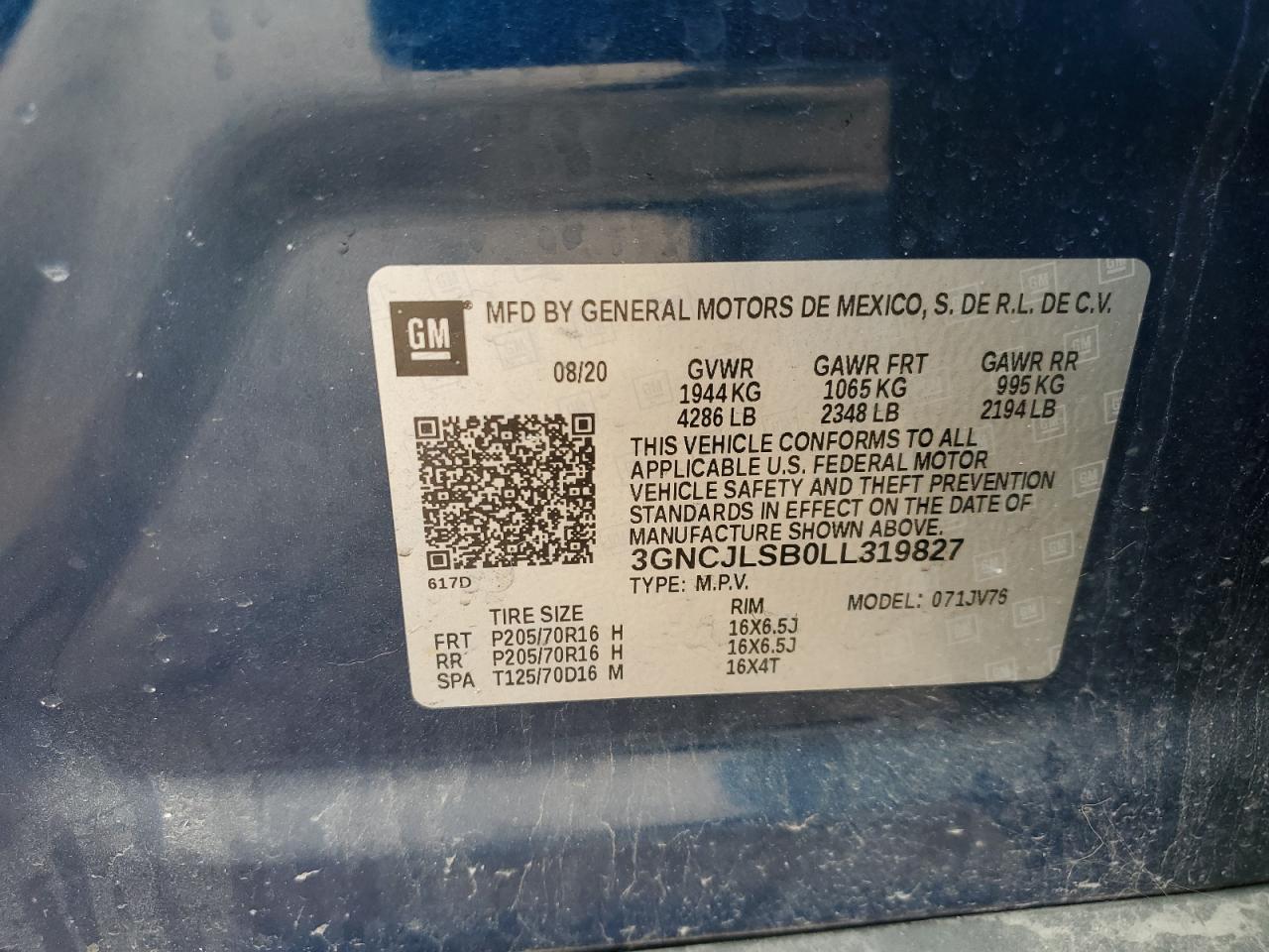 2020 Chevrolet Trax 1Lt VIN: 3GNCJLSB0LL319827 Lot: 57246955