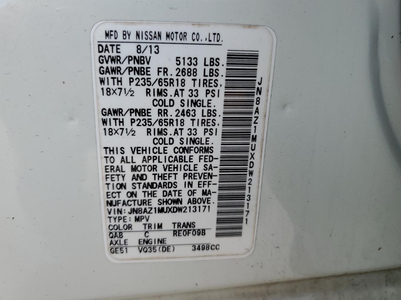 2013 Nissan Murano S VIN: JN8AZ1MUXDW213171 Lot: 56042265