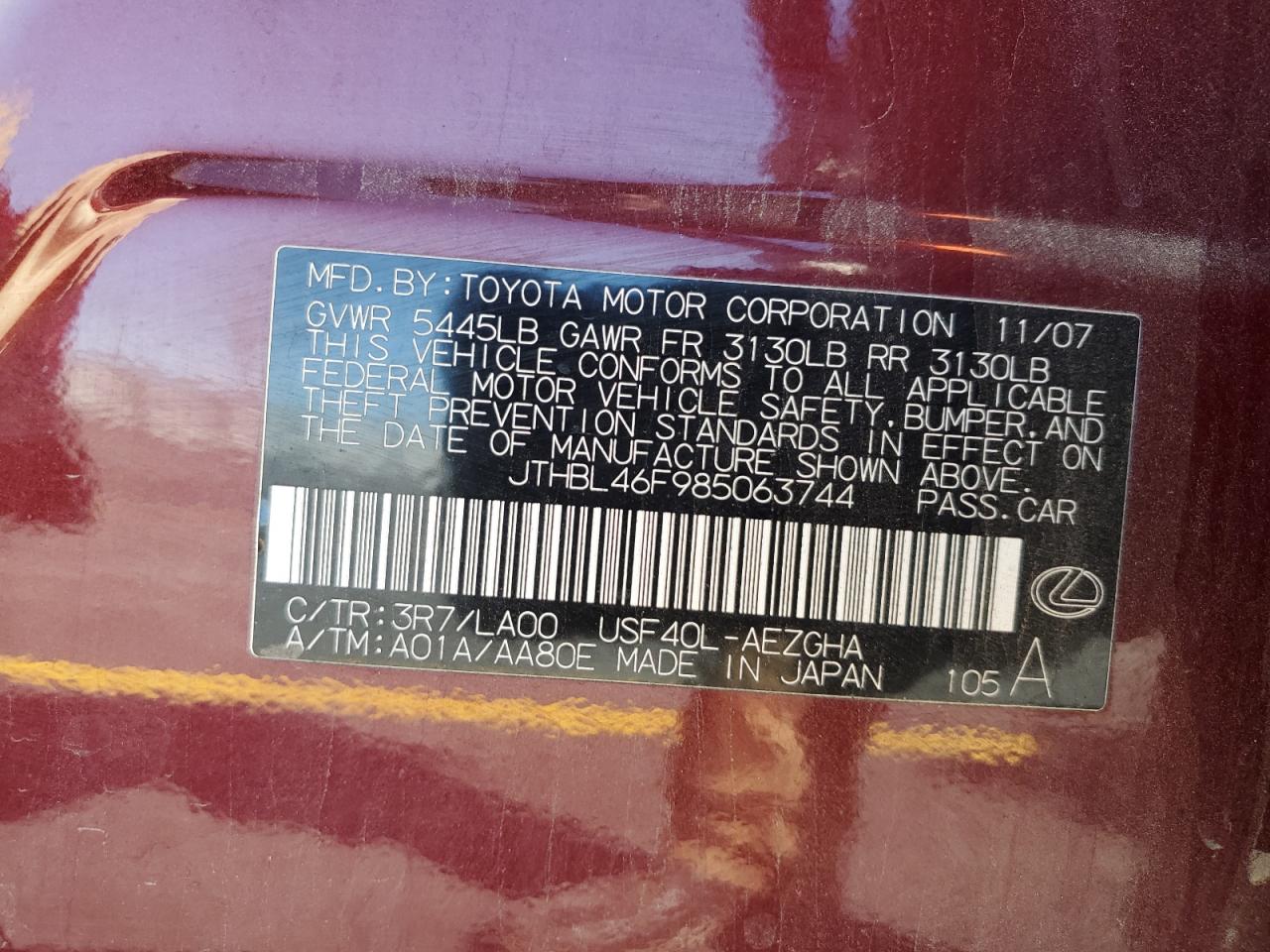 2008 Lexus Ls 460 VIN: JTHBL46F985063744 Lot: 58369315