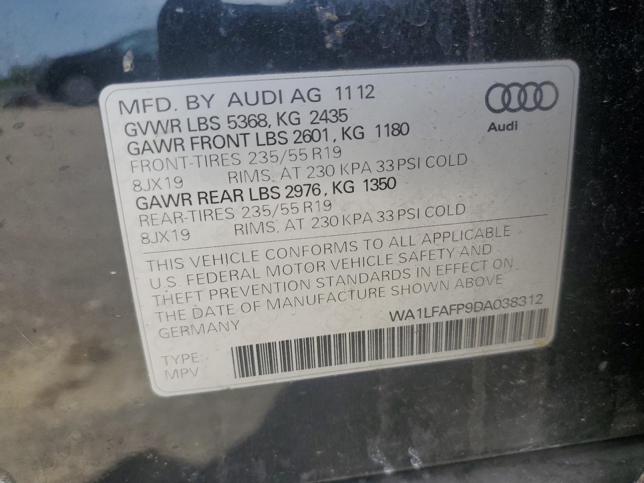 2013 Audi Q5 Premium Plus VIN: WA1LFAFP9DA038312 Lot: 57342585