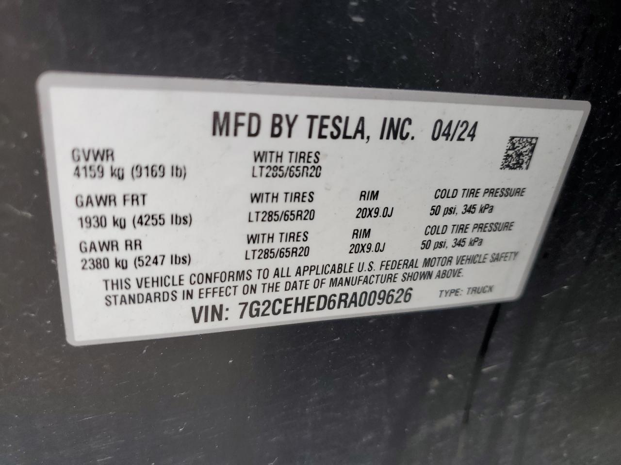 2024 Tesla Cybertruck VIN: 7G2CEHED6RA009626 Lot: 57253605