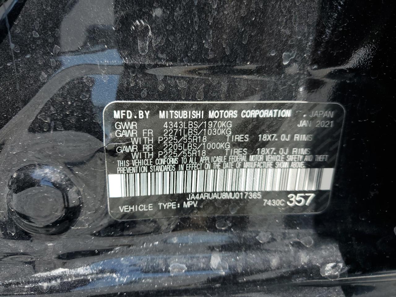 2021 Mitsubishi Outlander Sport Es VIN: JA4ARUAU8MU017365 Lot: 57122645