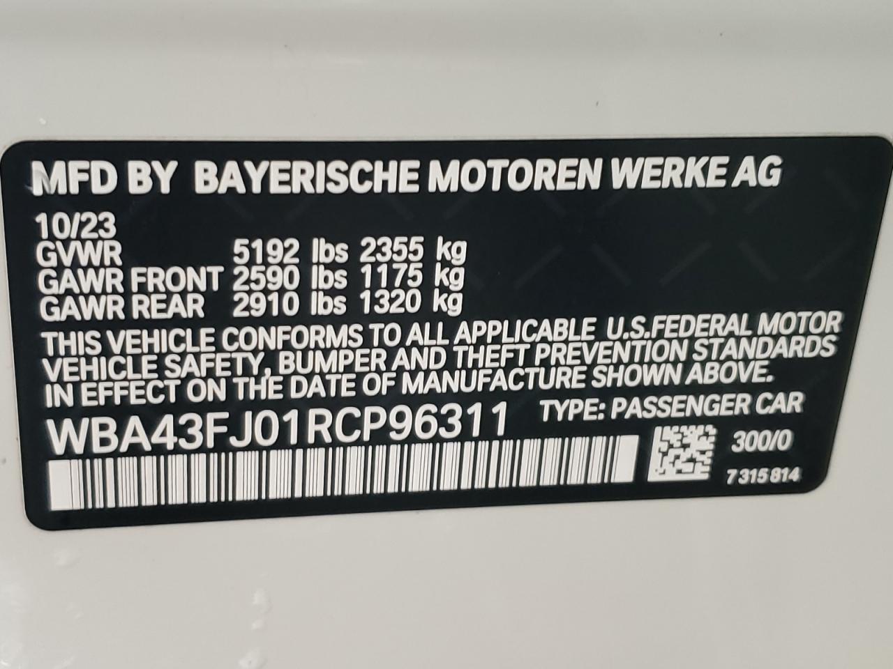 2024 BMW 530 I VIN: WBA43FJ01RCP96311 Lot: 56243615