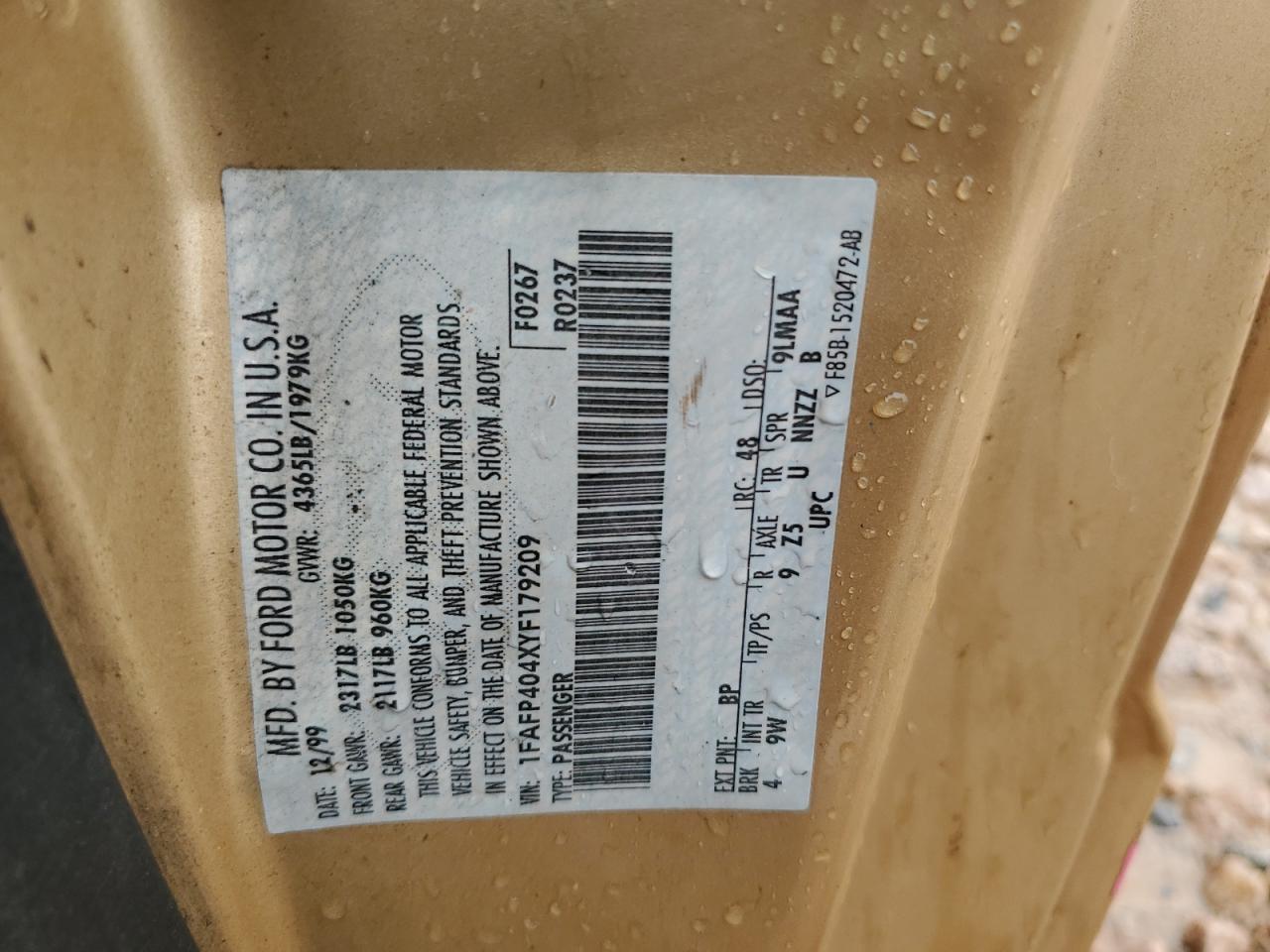 2000 Ford Mustang VIN: 1FAFP404XYF179209 Lot: 56727285