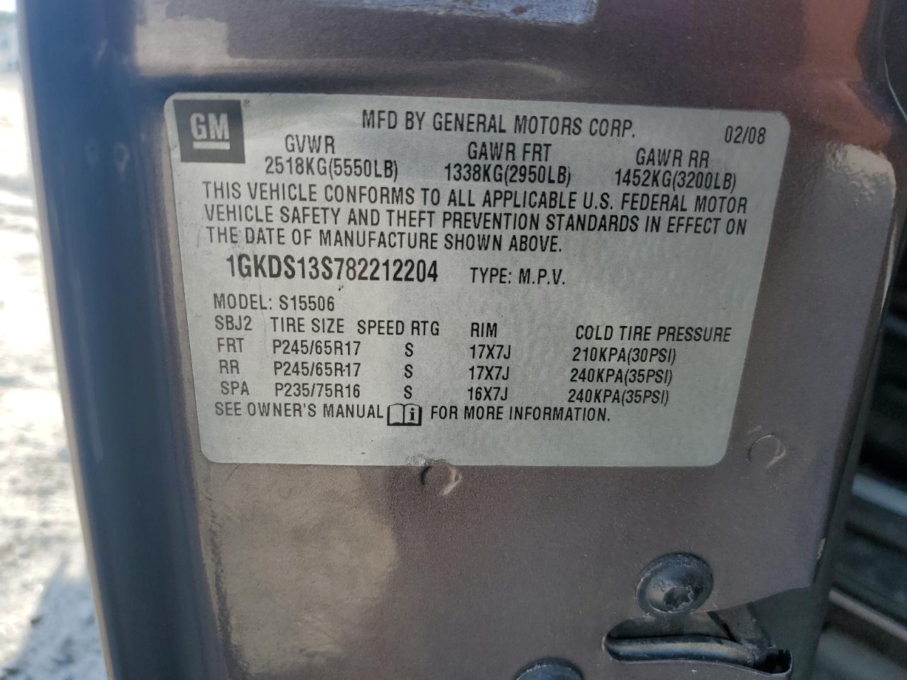 2008 GMC Envoy VIN: 1GKDS13S782212204 Lot: 56221565