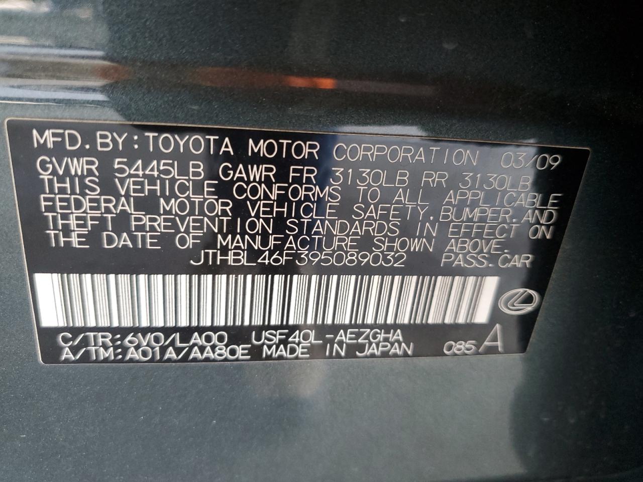 2009 Lexus Ls 460 VIN: JTHBL46F395089032 Lot: 56168925