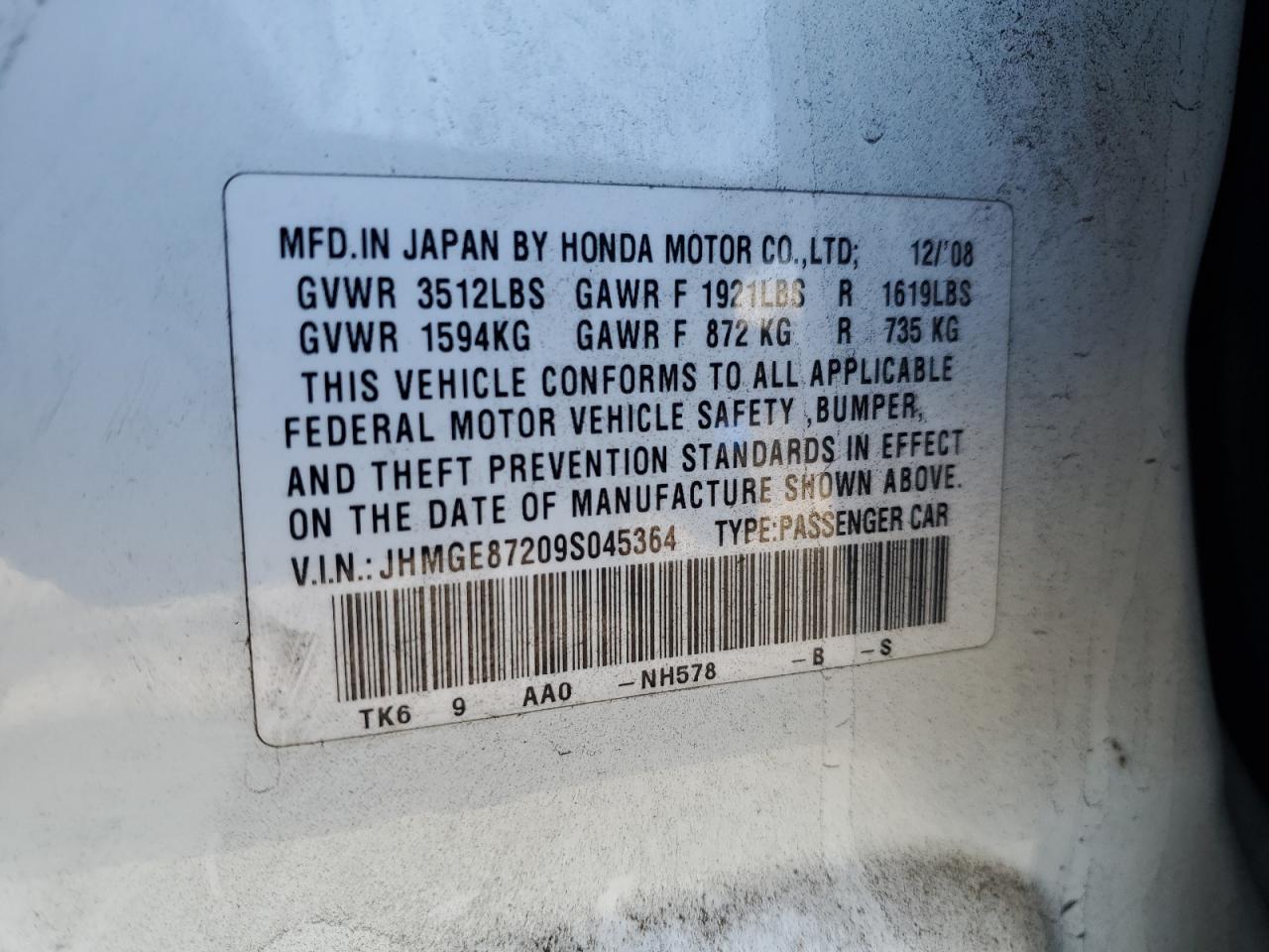 2009 Honda Fit VIN: JHMGE87209S045364 Lot: 57136955