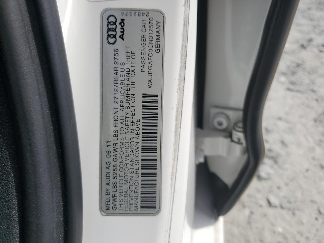 2012 Audi A6 VIN: WAUBGAFC0CN012570 Lot: 56995145
