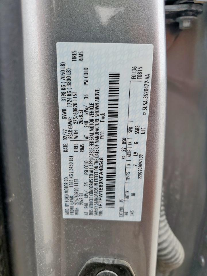 2022 Ford F150 Supercrew VIN: 1FTFW1E89NFA48548 Lot: 57250525