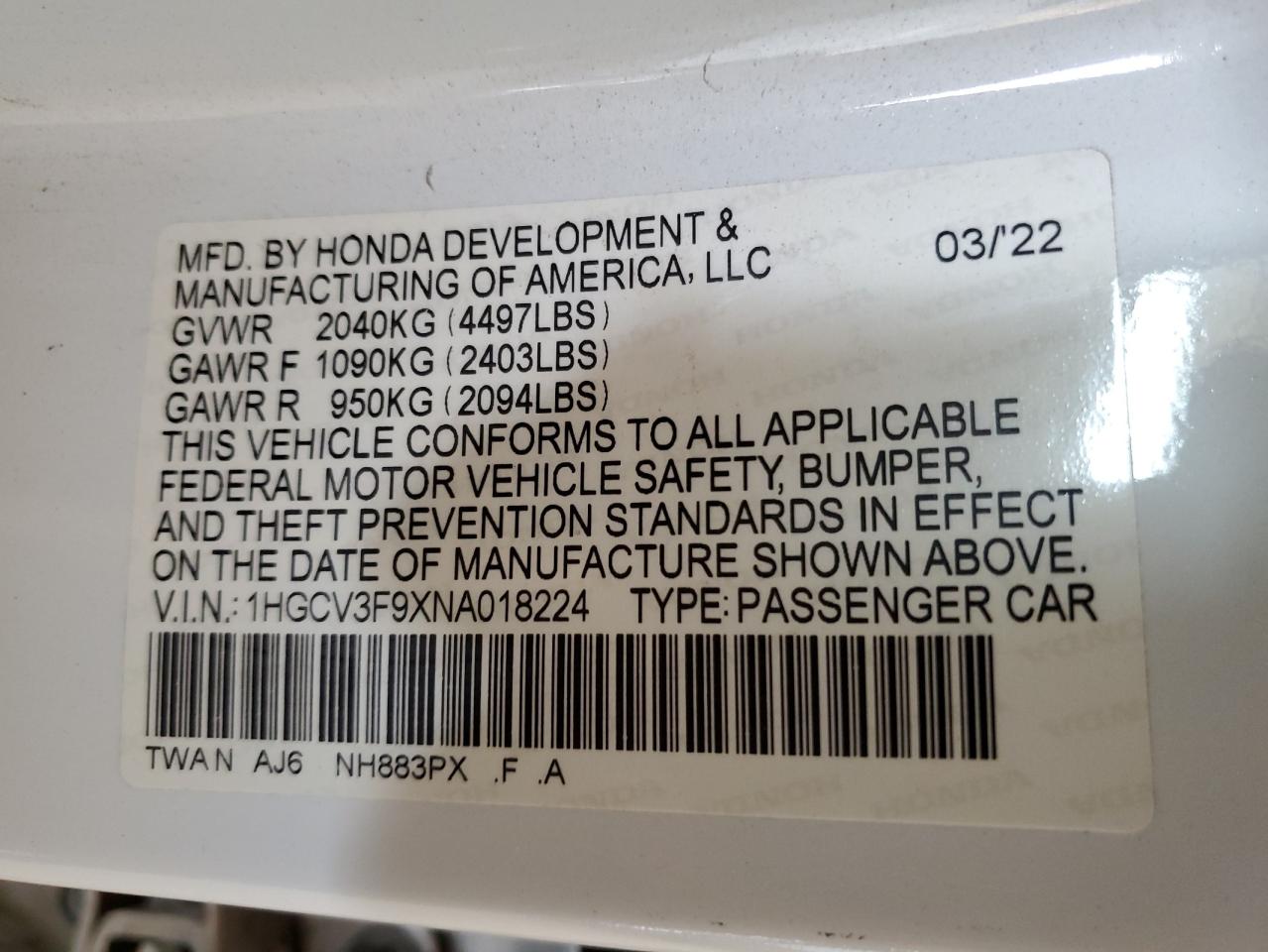 2022 Honda Accord Touring Hybrid VIN: 1HGCV3F9XNA018224 Lot: 56910205