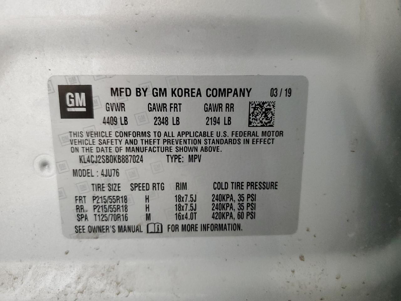 2019 Buick Encore Sport Touring VIN: KL4CJ2SB0KB887024 Lot: 56990415