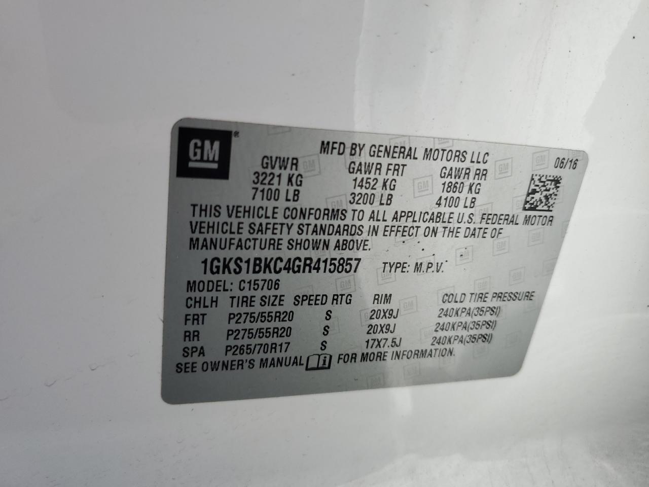 2016 GMC Yukon Slt VIN: 1GKS1BKC4GR415857 Lot: 56632855