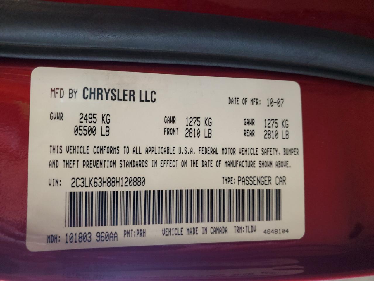 2008 Chrysler 300C VIN: 2C3LK63H88H120880 Lot: 56053385