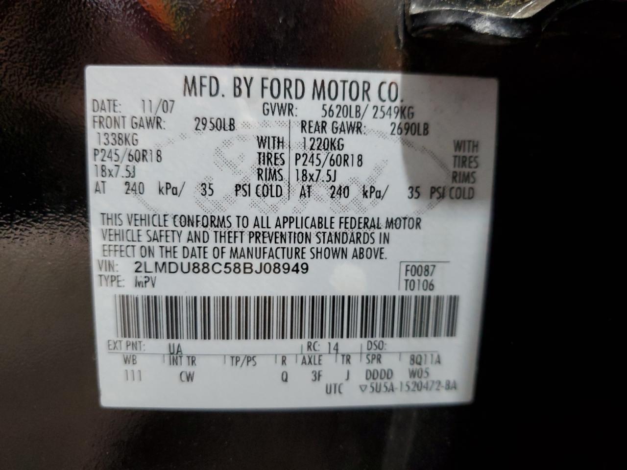 2008 Lincoln Mkx VIN: 2LMDU88C58BJ08949 Lot: 57316665