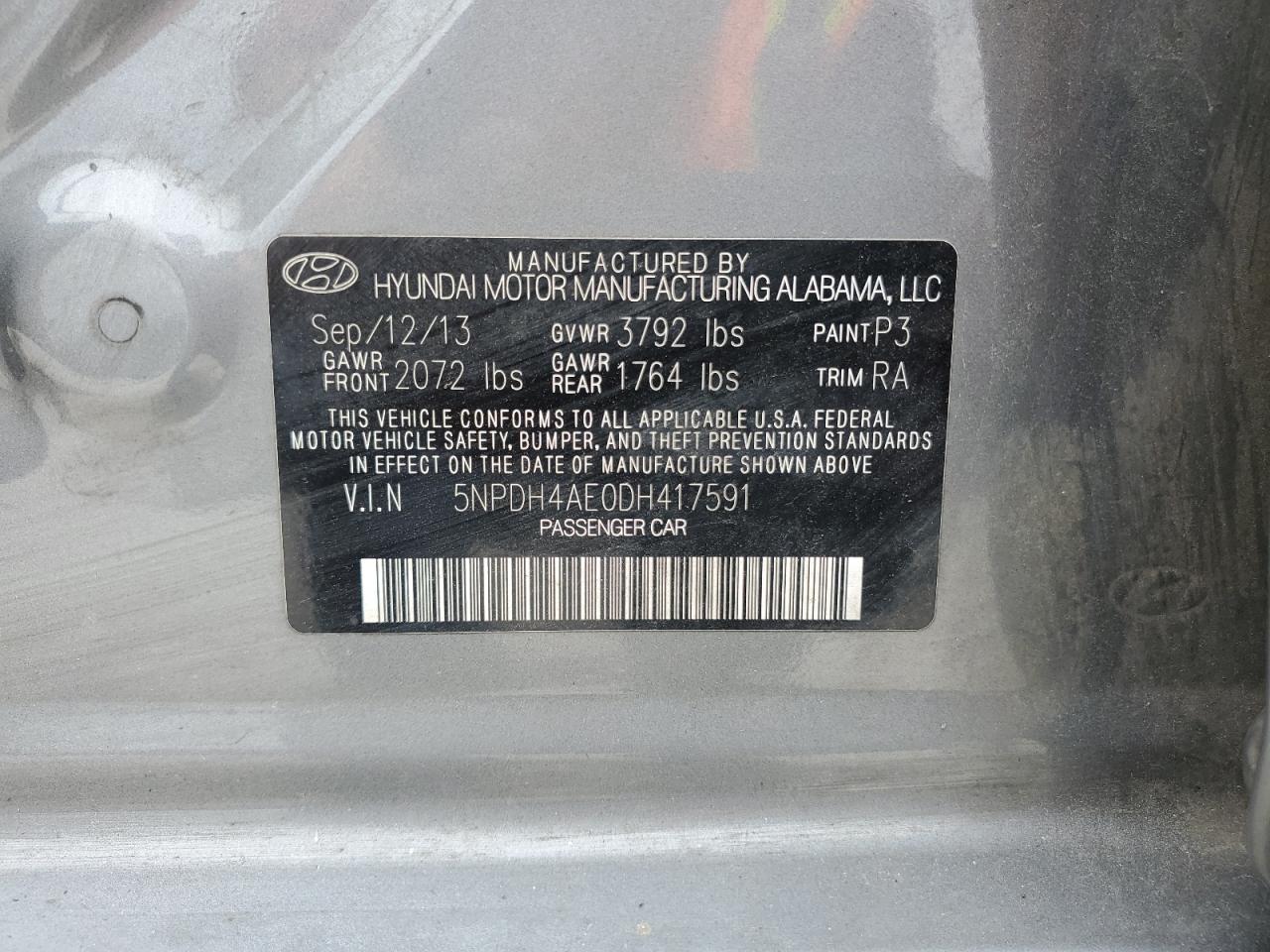 2013 Hyundai Elantra Gls VIN: 5NPDH4AE0DH417591 Lot: 56737485