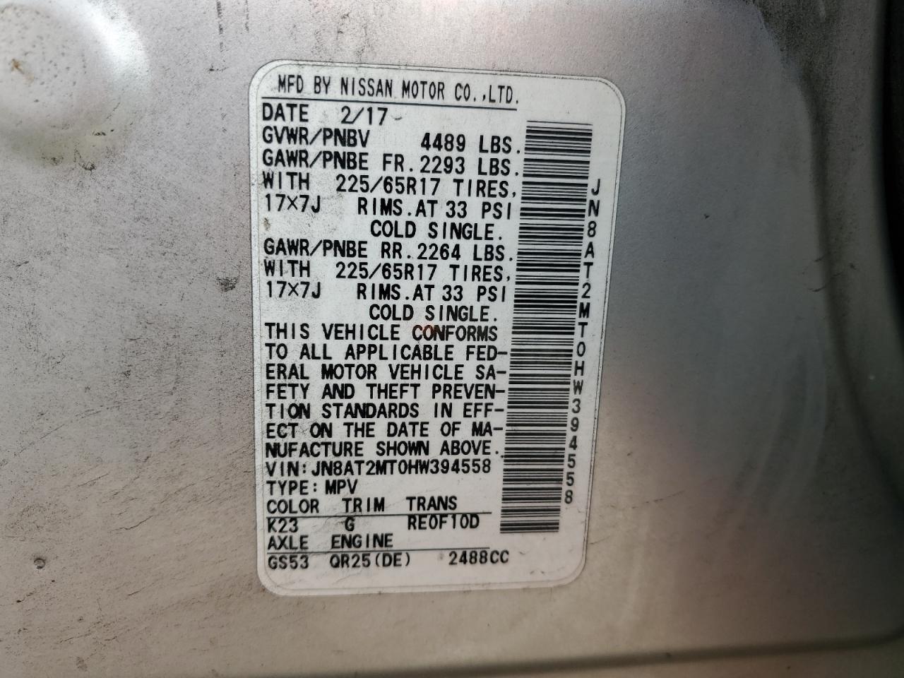 2017 Nissan Rogue S VIN: JN8AT2MT0HW394558 Lot: 56599365