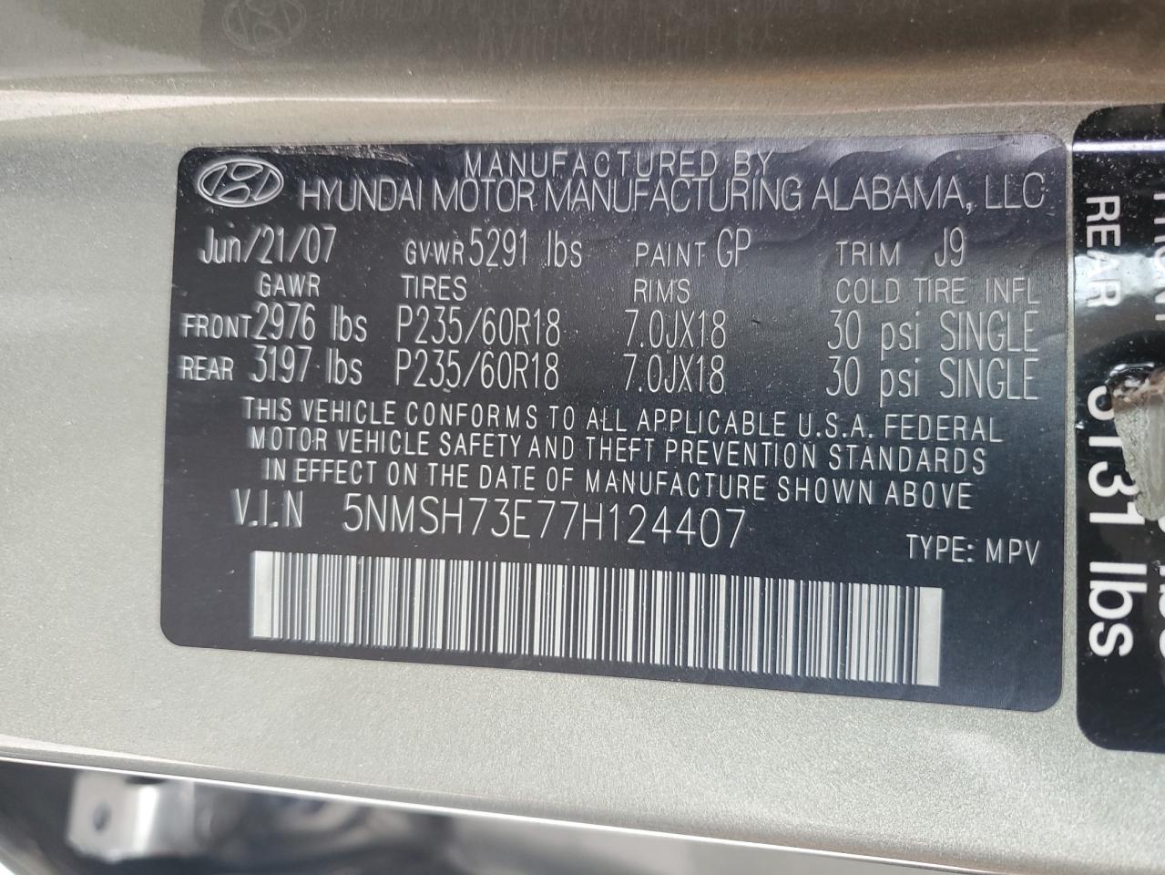 HYUNDAI SANTA FE 2007 VIN 5NMSH73E77H124407 фото 13