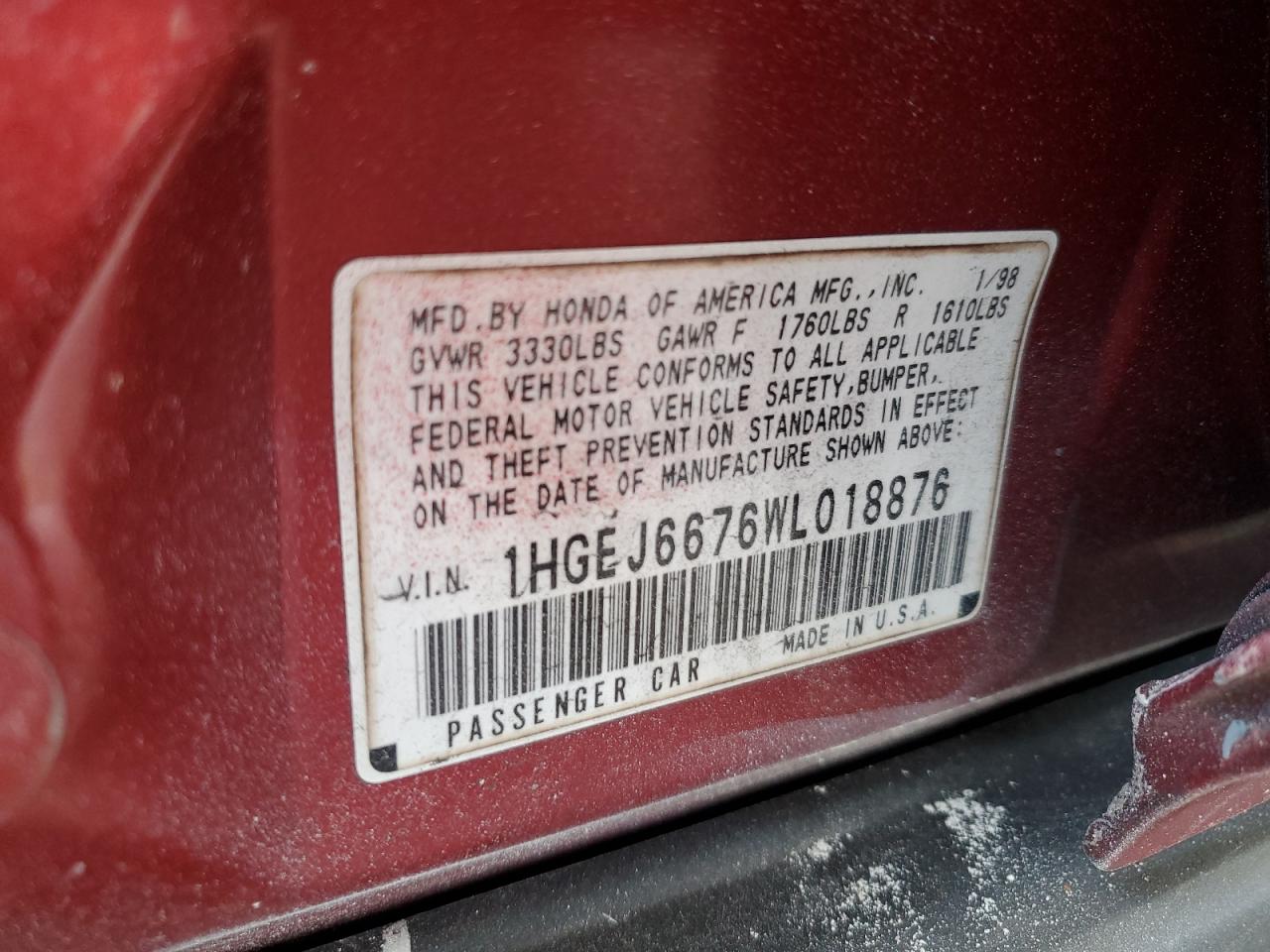 1998 Honda Civic Lx VIN: 1HGEJ6676WL018876 Lot: 55343785