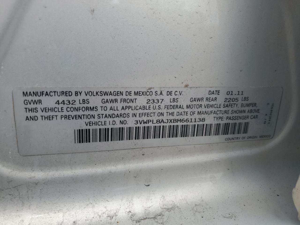 2011 Volkswagen Jetta Tdi VIN: 3VWPL8AJXBM661138 Lot: 57029145