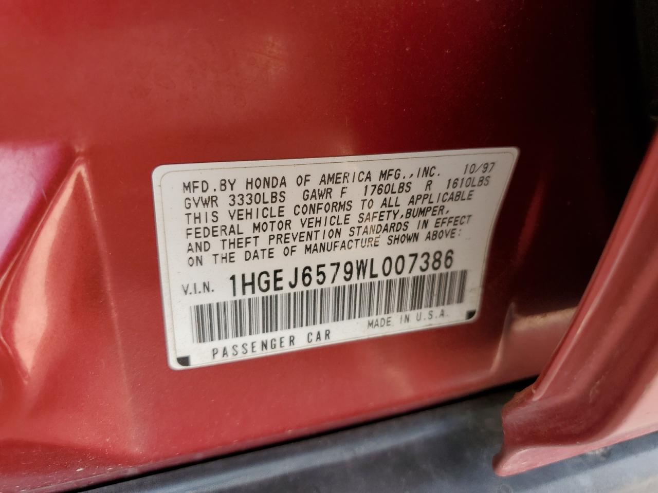 1998 Honda Civic Lx VIN: 1HGEJ6579WL007386 Lot: 56762065