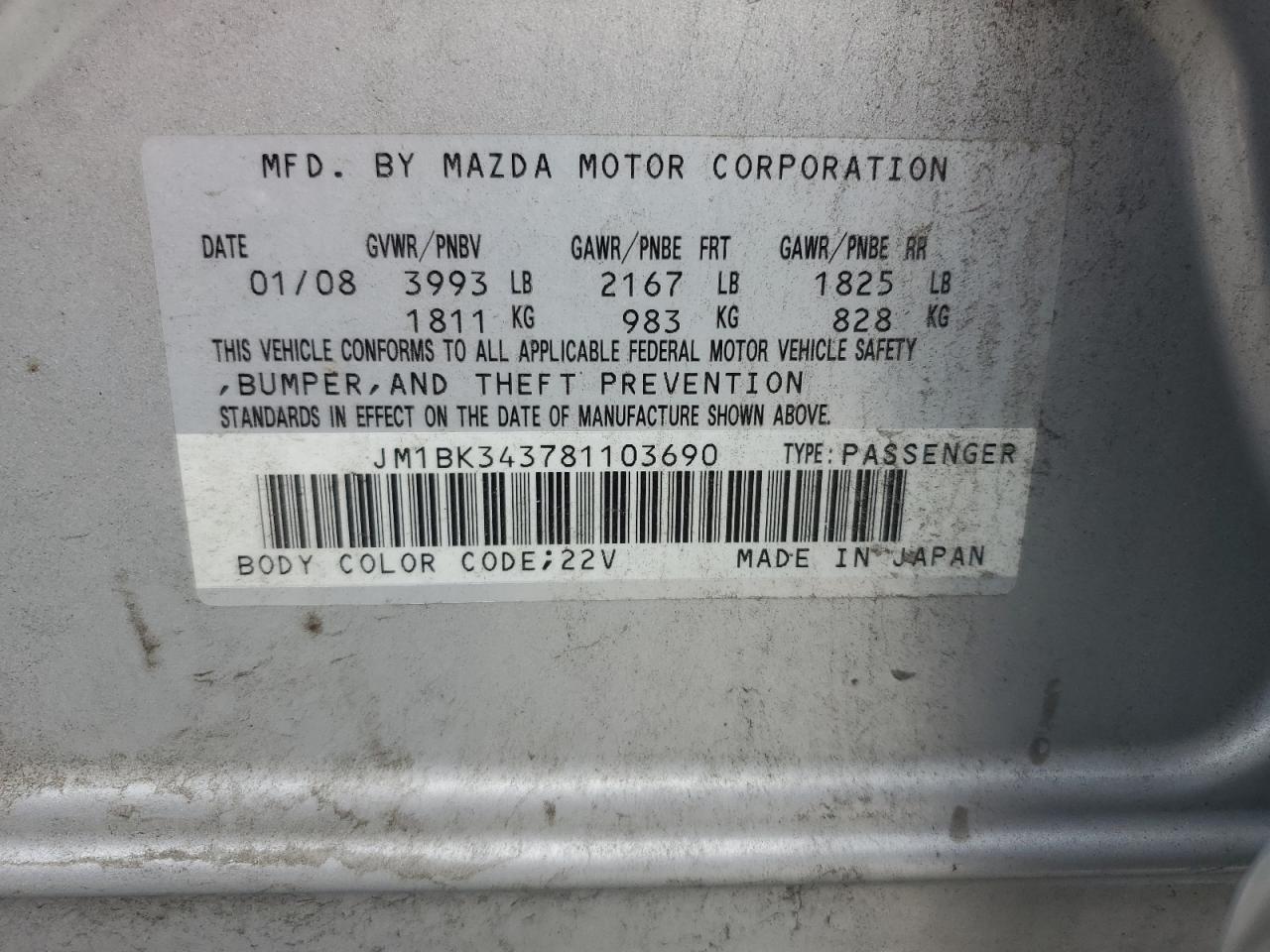 2008 Mazda 3 Hatchback VIN: JM1BK343781103690 Lot: 56530295
