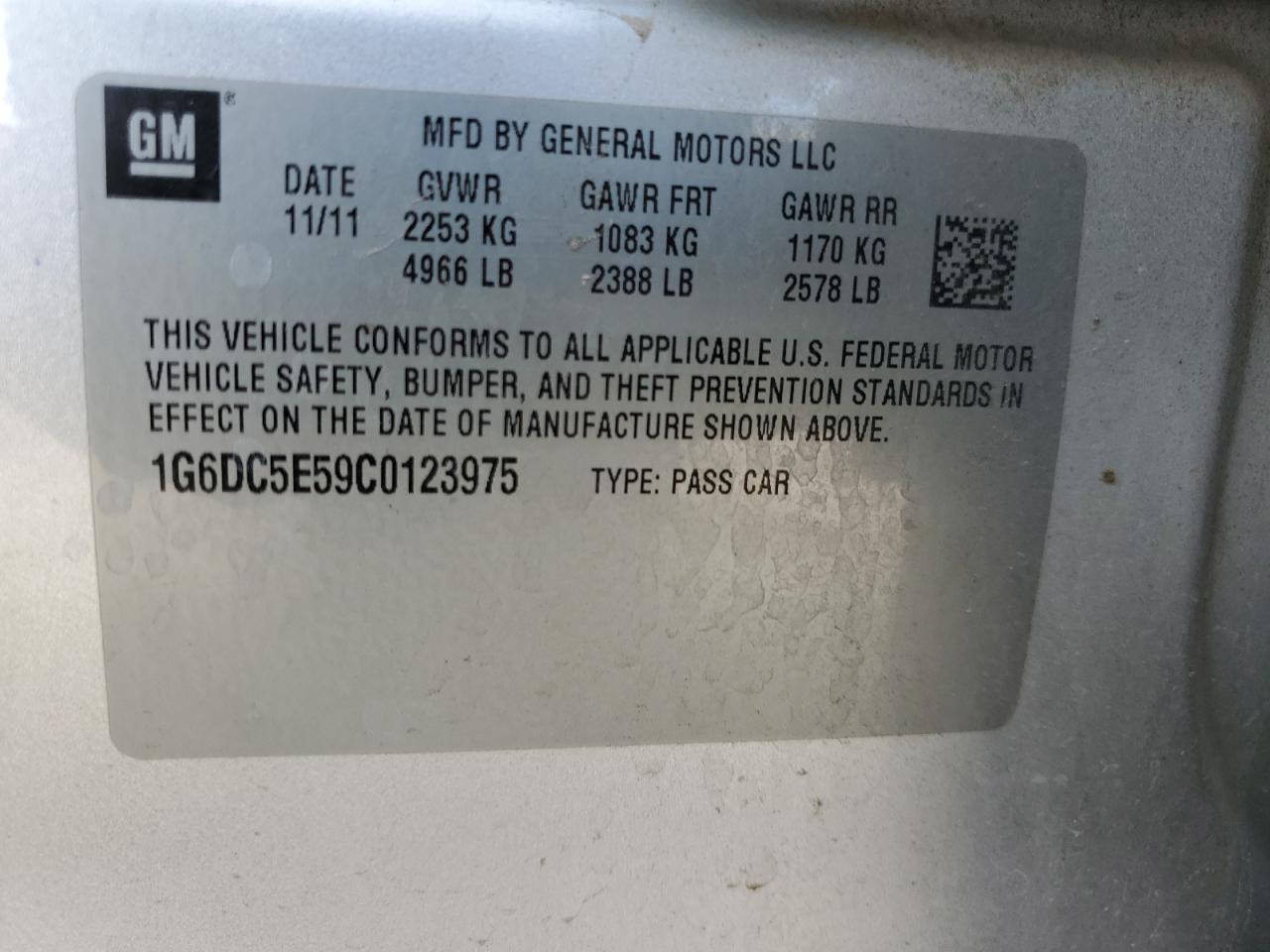 2012 Cadillac Cts VIN: 1G6DC5E59C0123975 Lot: 56920795