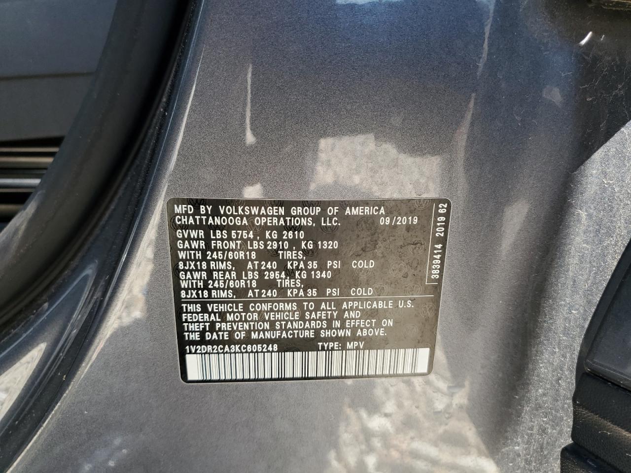 2019 Volkswagen Atlas Se VIN: 1V2DR2CA3KC605248 Lot: 56274715