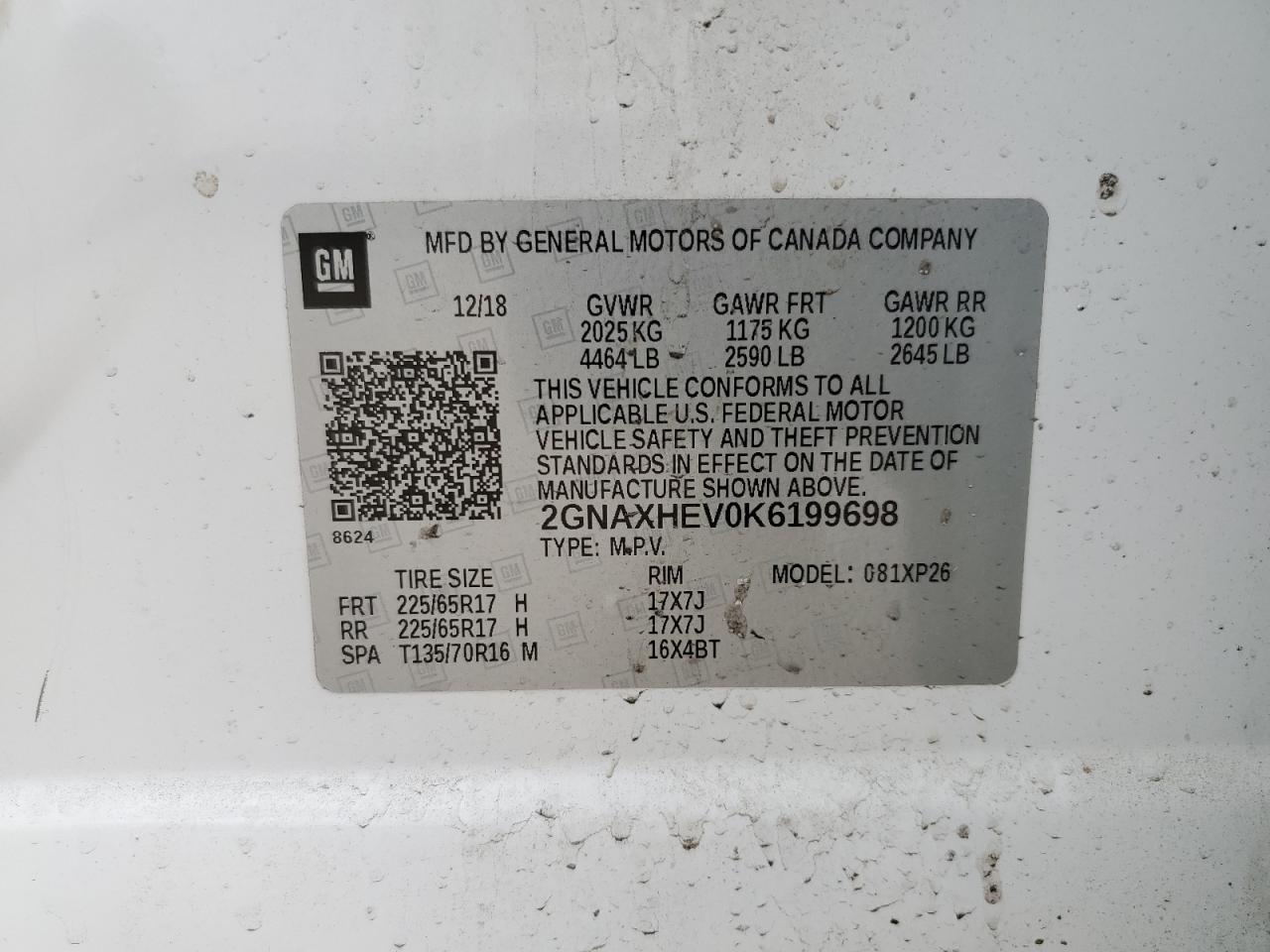 2019 Chevrolet Equinox Ls VIN: 2GNAXHEV0K6199698 Lot: 56546055